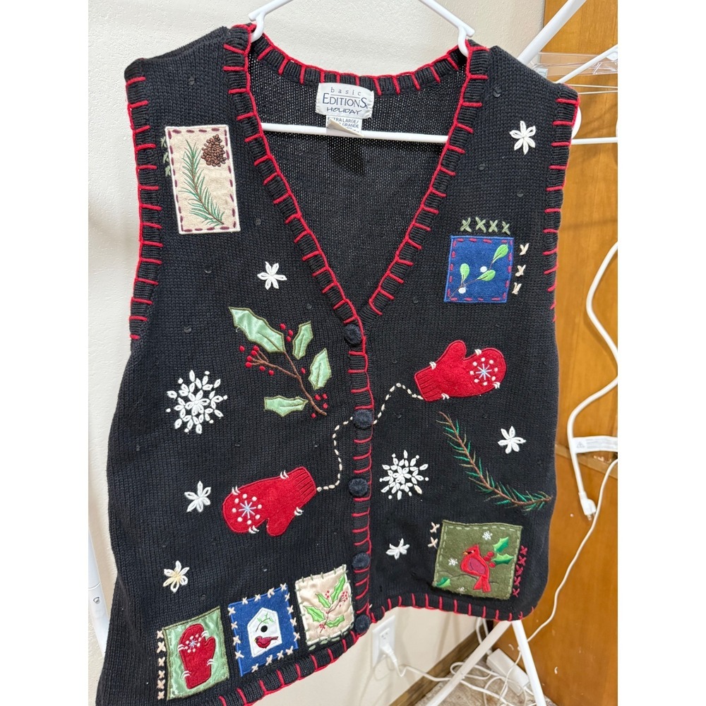 90s Vibe Christmas Sweater Vest Embroidered Grandmacore Black XL Basic Editions